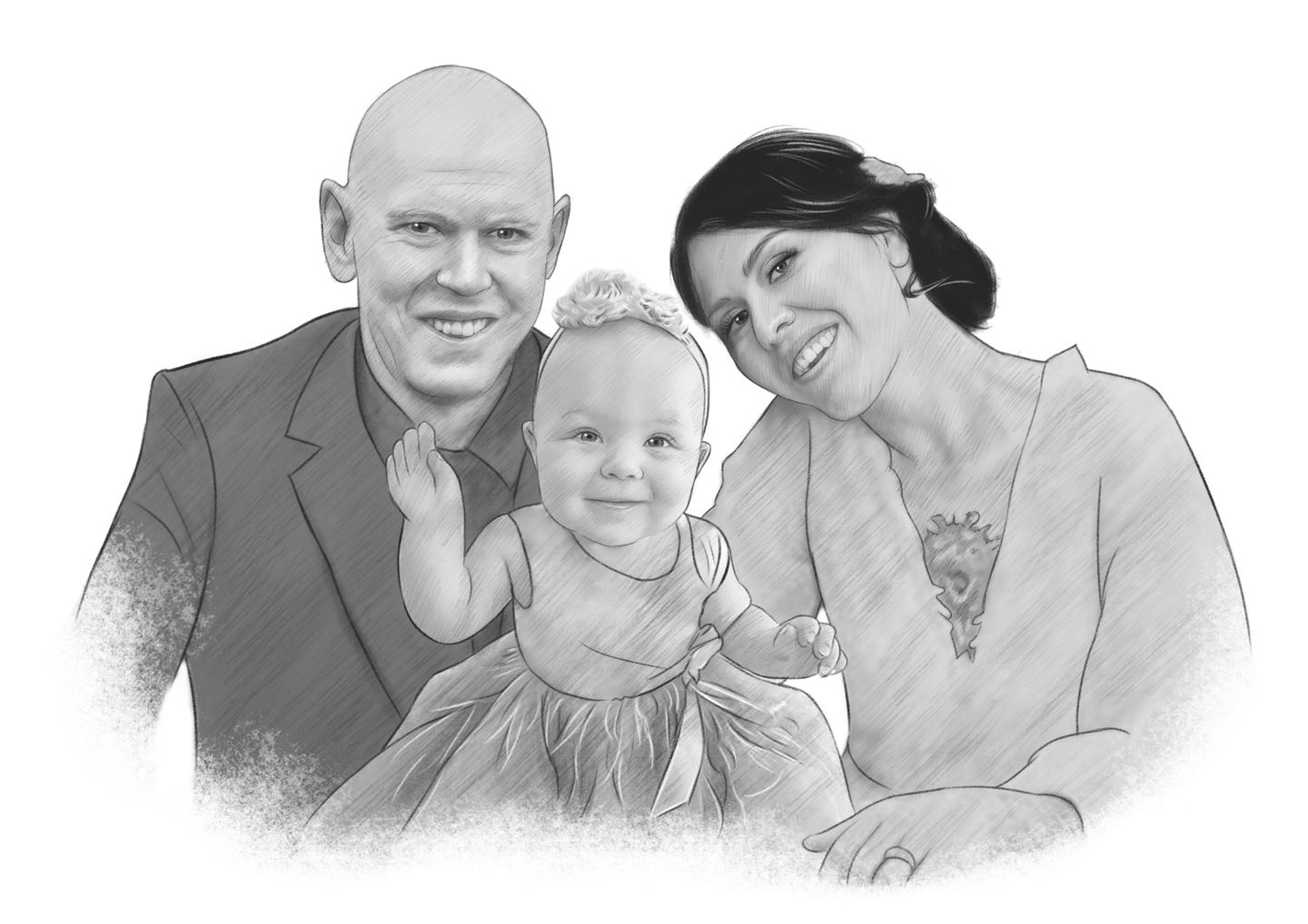 Black and white Family Portrait on 30cm x 40cm print - Charlie's Drawings