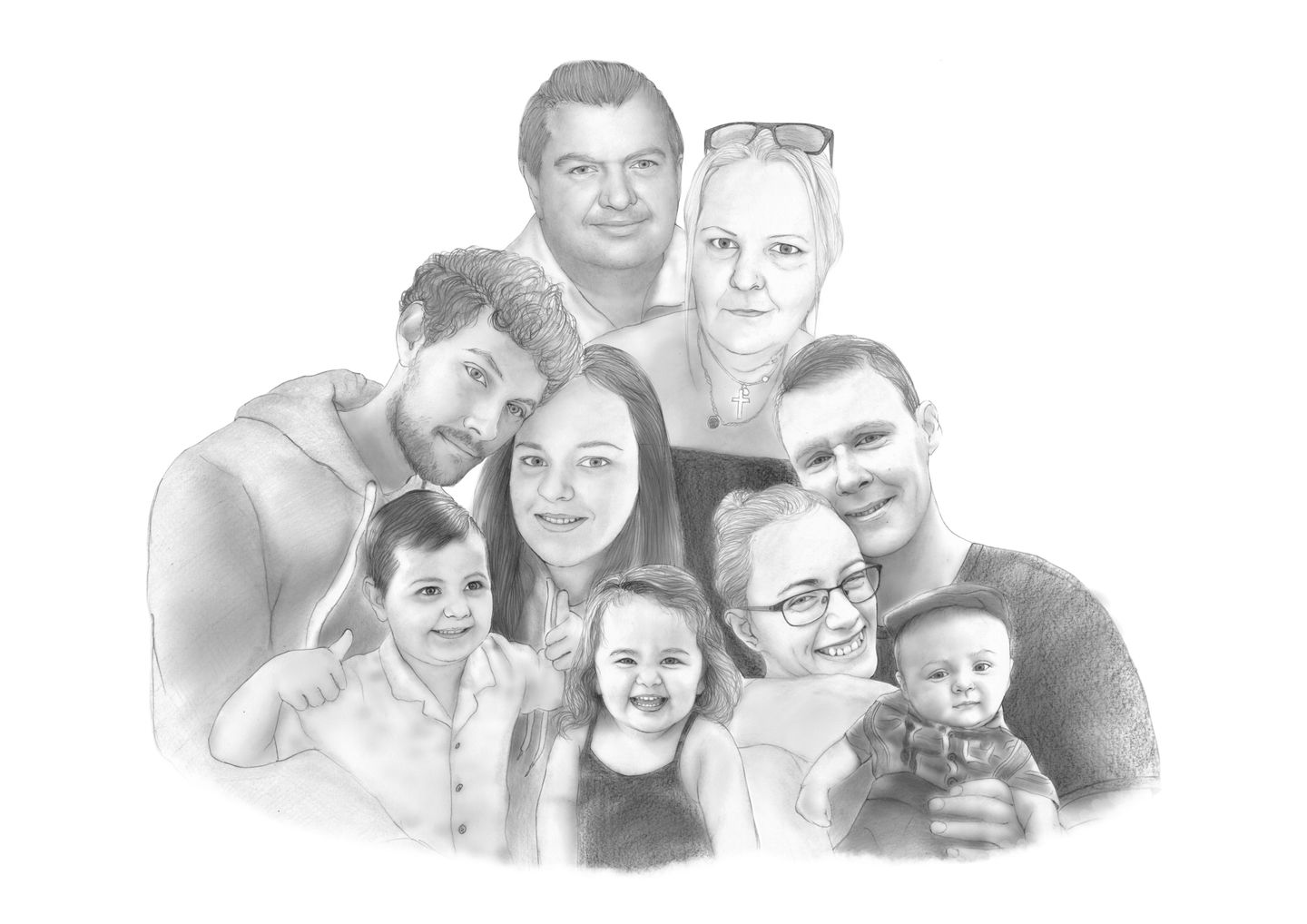 Black and white Family Portrait on 30cm x 40cm print - Charlie's Drawings